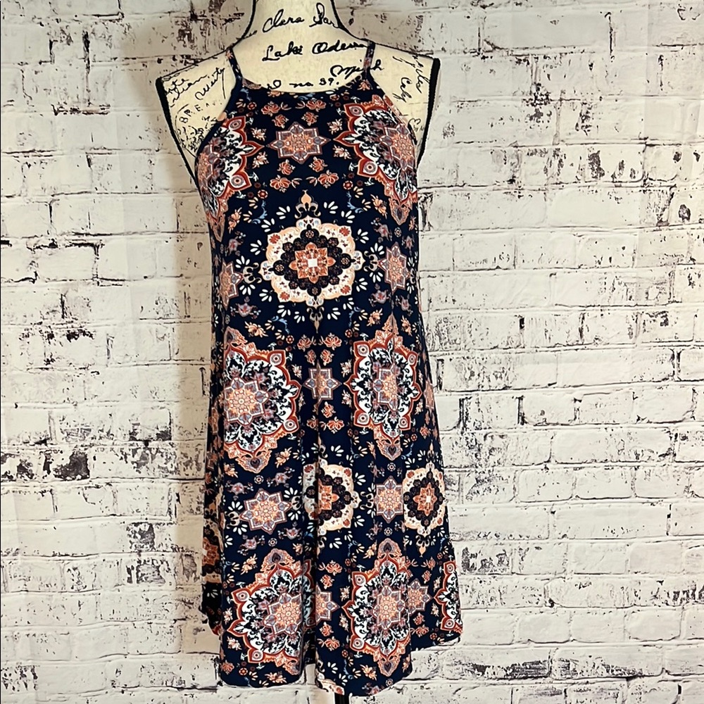 French Grey Navy Blue and Orange A-line Summer Dress